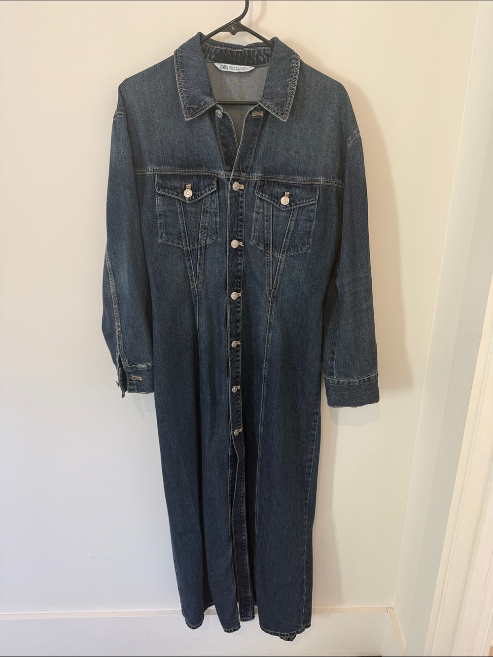 Zara Dark Blue Denim Button-Front Longline Dress